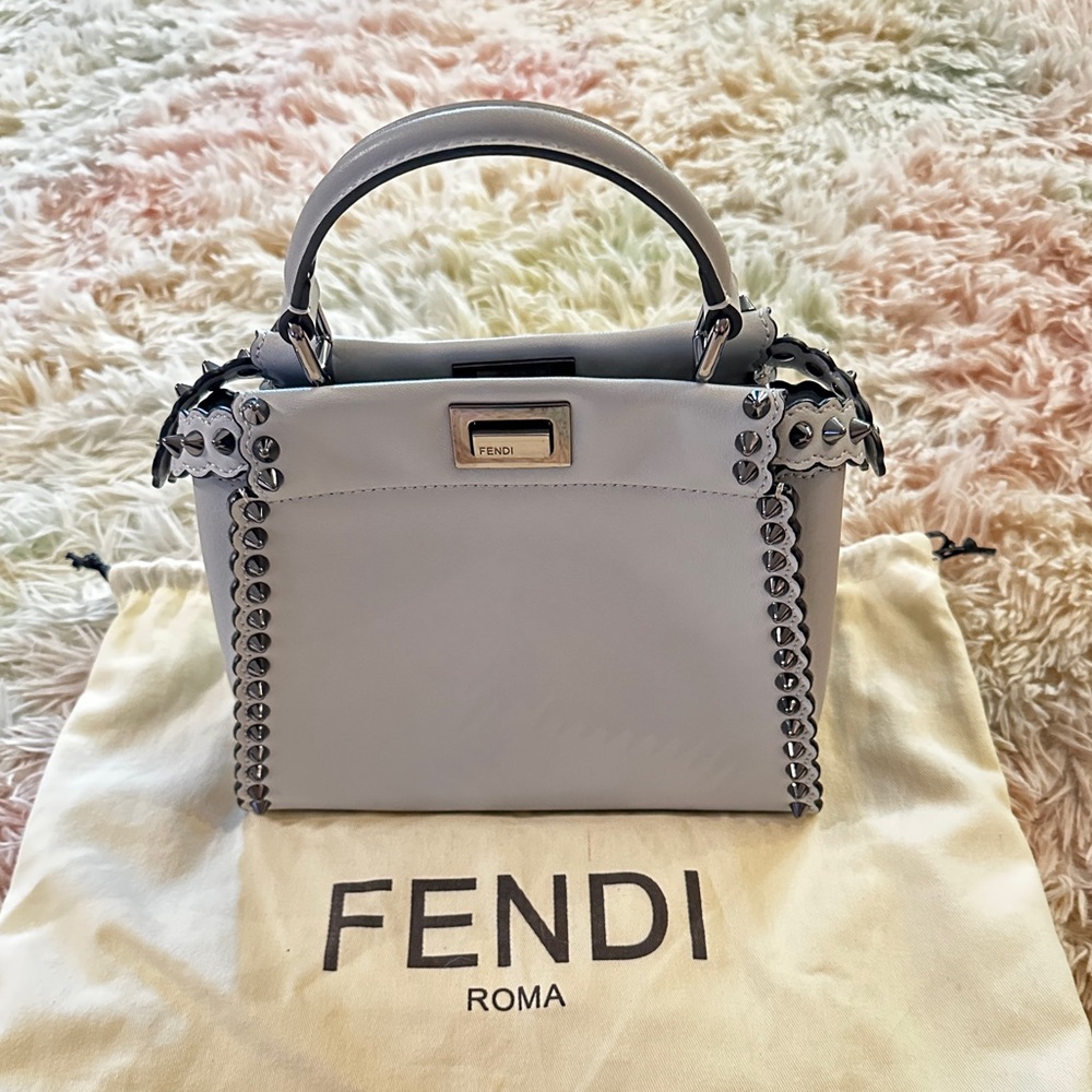 Fendi Peekaboo Mini Light Blue Studded Leather Two-Way Top Handle Bag - Picture 2 of 15